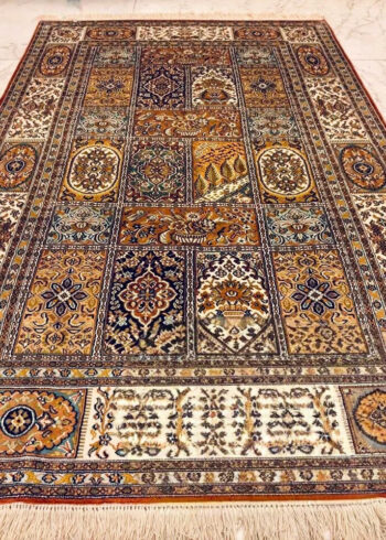 Handmade Rust Pure Silk Indo-Kashmiri Rug in Burnt Ochre Nishat Garden pictorial scene, 6x4 ft, 972,000 knots, sustainable Azo-free dyes.