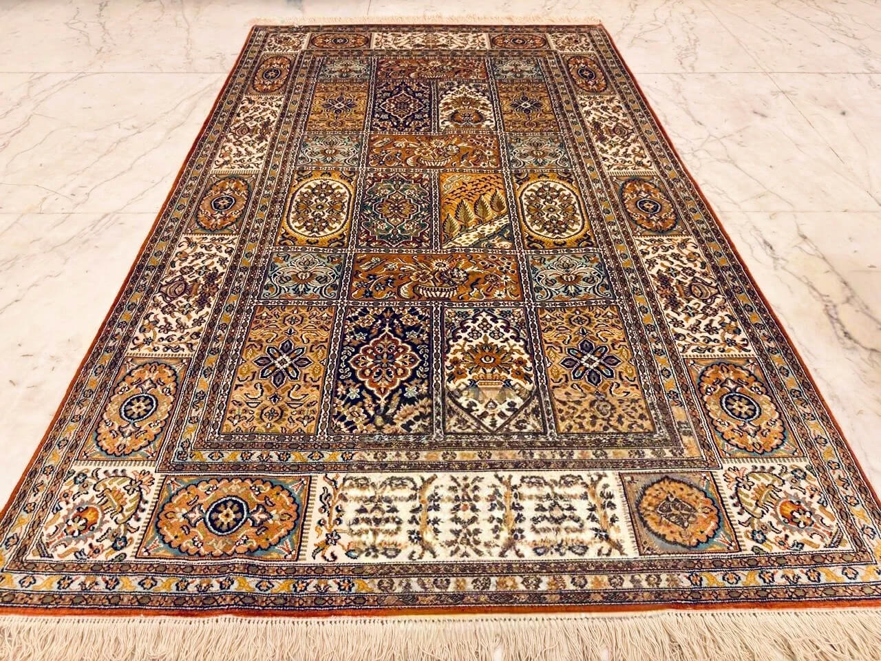 Handmade Rust Pure Silk Indo-Kashmiri Rug in Burnt Ochre Nishat Garden pictorial scene, 6x4 ft, 972,000 knots, sustainable Azo-free dyes.