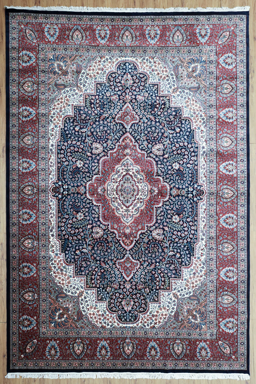 blue based 12 by 9 handmade Kashmiri rug for living room