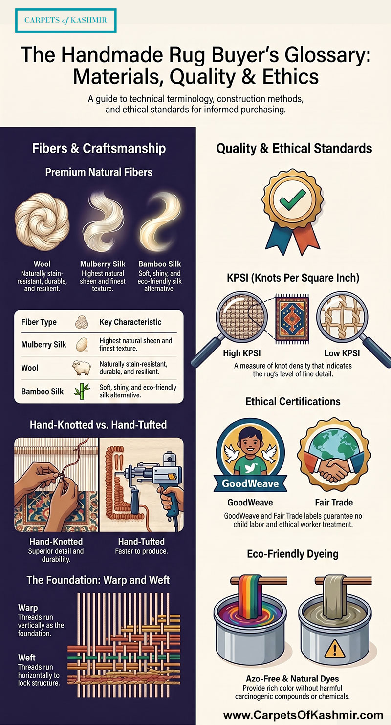 Infographic: The Handmade Rug Buyer’s Glossary by Carpets of Kashmir. It illustrates premium natural fibers (Wool, Mulberry Silk, Bamboo Silk), the difference between Hand-Knotted and Hand-Tufted construction, and the Warp and Weft foundation. Technical sections explain KPSI (Knots Per Square Inch) density, and ethical standards including GoodWeave, Fair Trade, and the use of eco-friendly Azo-free natural dyes.