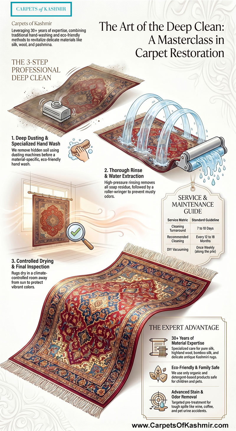 Infographic titled The Art of the Deep Clean by Carpets of Kashmir, detailing the 3-step professional rug restoration process: deep dusting and specialized hand wash, thorough rinse with water extraction, and controlled drying with final inspection. Includes a maintenance guide for silk and wool rugs, emphasizing eco-friendly methods and 30+ years of material expertise.