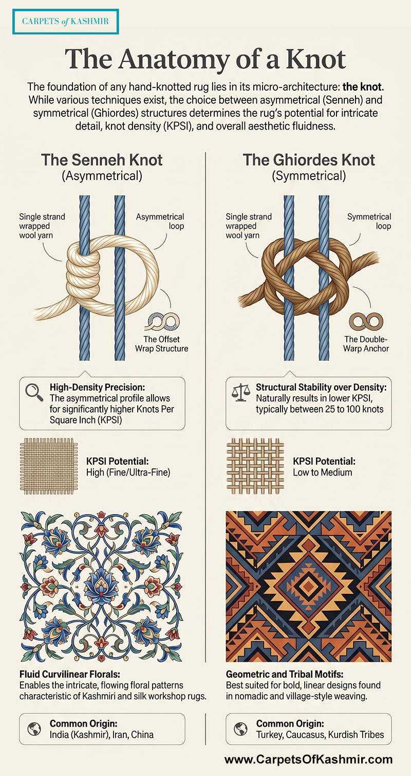 Technical infographic titled The Anatomy of a Knot comparing the Senneh (asymmetrical) knot and the Ghiordes (symmetrical) knot. It explains how the asymmetrical Senneh knot allows for high KPSI and fluid curvilinear florals typical of Kashmiri rugs, whereas the Ghiordes knot provides structural stability for geometric tribal motifs.