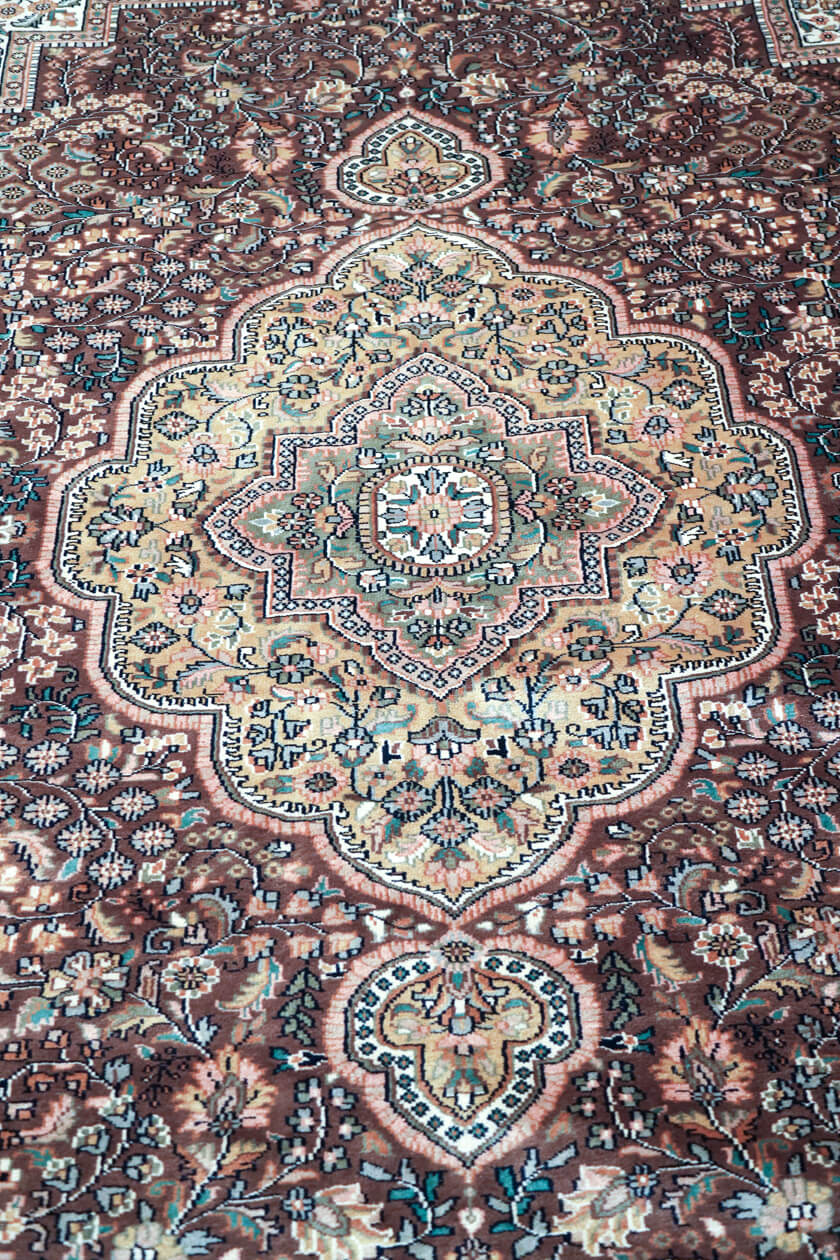 luxury-brown-oriental-carpet-silk-sheen-perspective-view