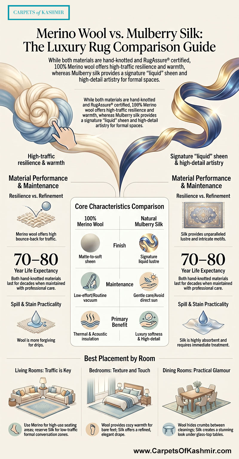 Comparison guide of Merino wool vs. Mulberry silk rugs by Carpets of Kashmir, showing resilience, sheen, and room placement factors.