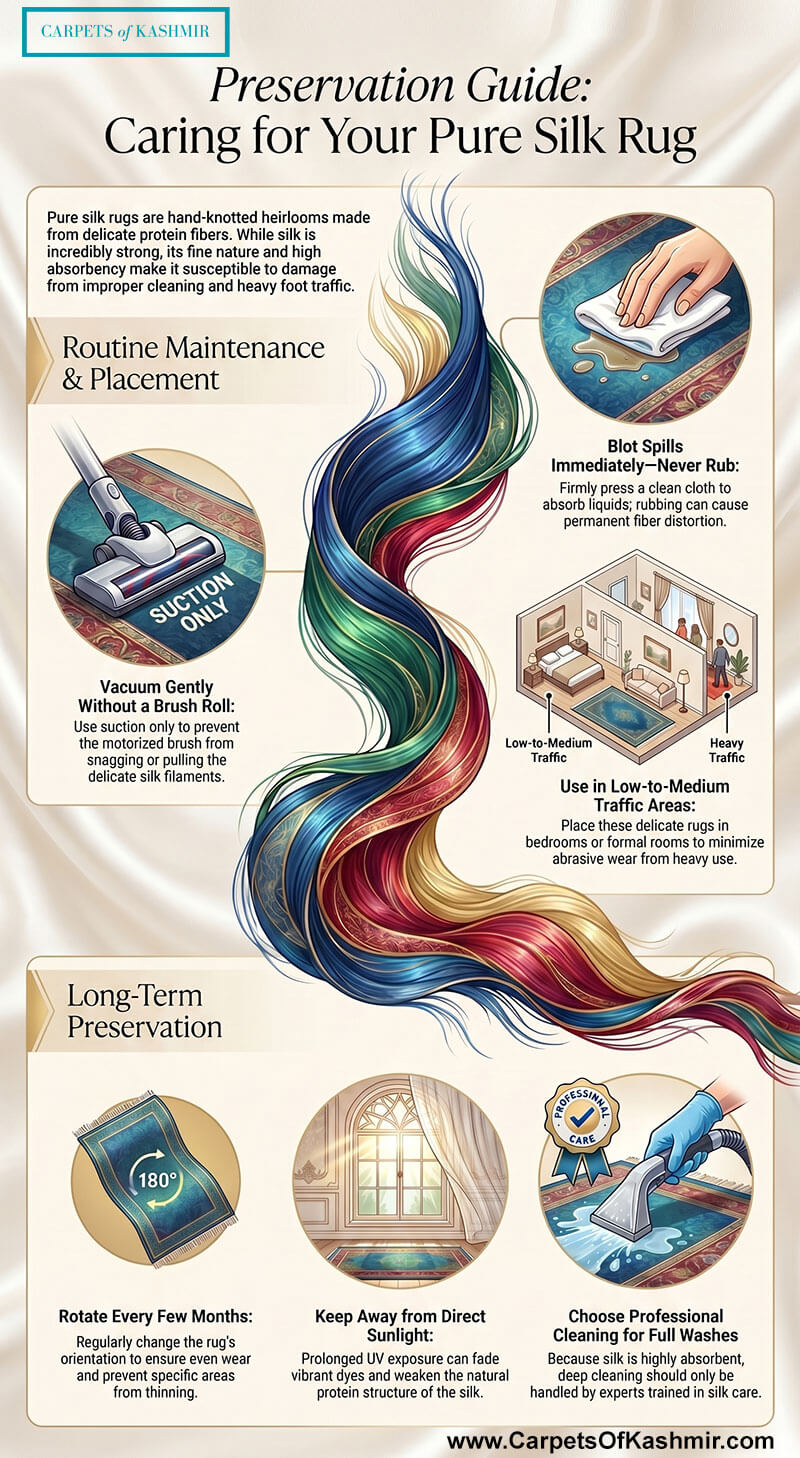 Preservation Guide for Pure Silk Rugs: Infographic by Carpets of Kashmir covering vacuuming, spill management, UV protection, and 180-degree rotation.