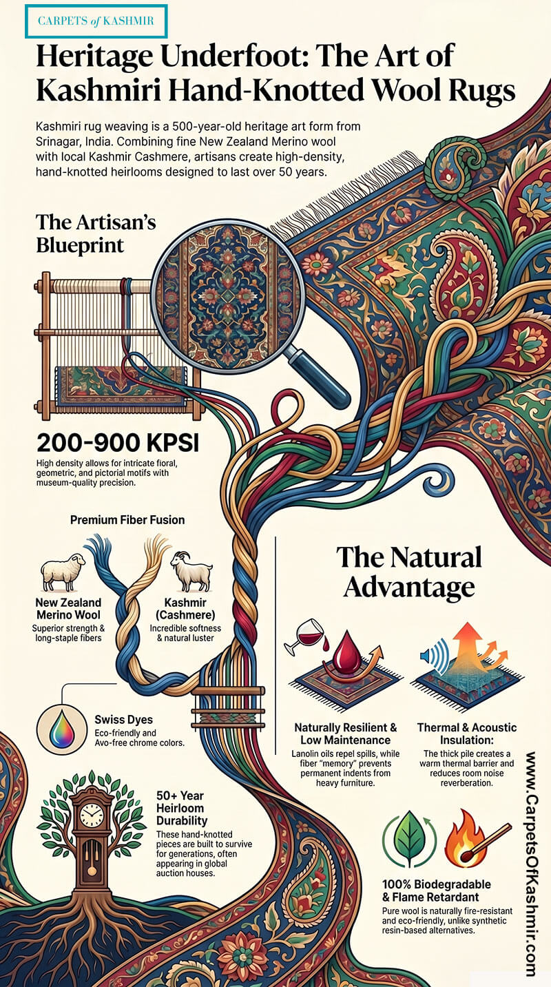 Infographic: Guide to Hand-Knotted Pure Wool Kashmiri Rugs Pure wool Kashmiri rugs hand-knotted heritage carpets, Infographic
