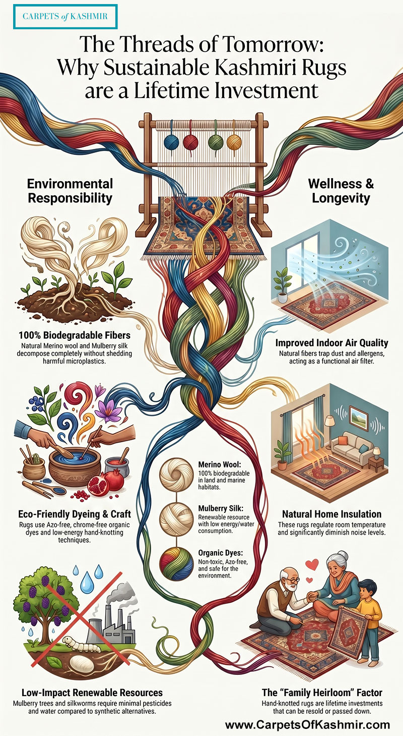 sustainable-kashmiri-rugs-eco-friendly-investment-guide Infographic titled "The Threads of Tomorrow" by Carpets of Kashmir. It explains why sustainable Kashmiri rugs are a lifetime investment, focusing on 100% biodegradable fibers (Merino wool and Mulberry silk), eco-friendly Azo-free dyeing, and low-impact renewable resources. It also highlights wellness benefits such as improved indoor air quality, natural home insulation, and the long-term value of the family heirloom factor.