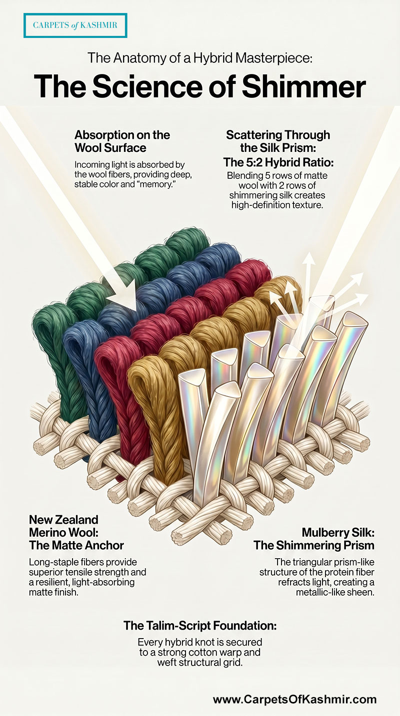 Technical anatomy of a Kashmiri wool-silk rug: illustrating the 5:2 hybrid ratio, light-absorbing New Zealand Merino wool, and light-refracting Mulberry silk prism fibers.