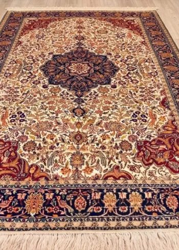 Antique White Dabir Kashan handmade silk carpet from India with floral Persian lineage.