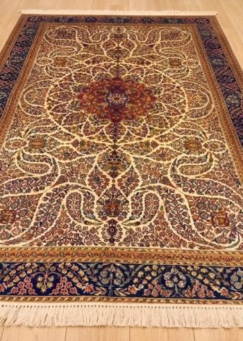 Antique White Sadakdar Kashmiri hand-knotted rug in pure Mulberry silk handmade in India.
