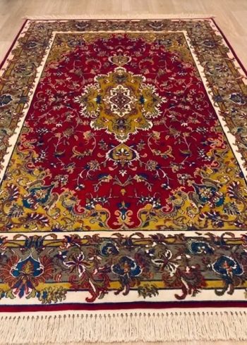 Brick Red Sarouk handmade carpet from India with Persian floral lineage and pure silk fringe.