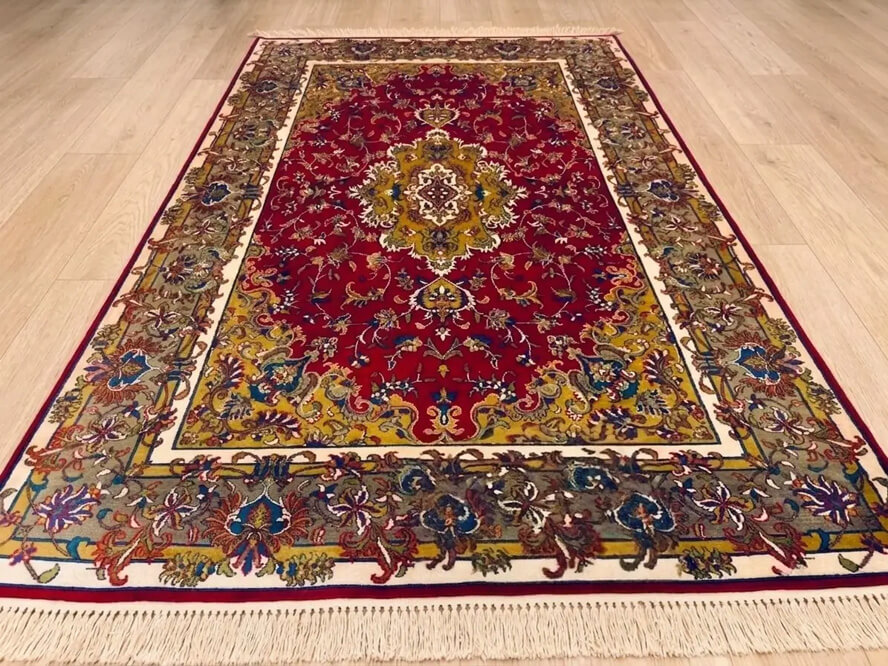 Brick Red Sarouk handmade carpet from India with Persian floral lineage and pure silk fringe.