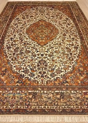 Cannoli Cream Seirafian handmade Indian rug in pure Mulberry silk with floral oriental lineage.