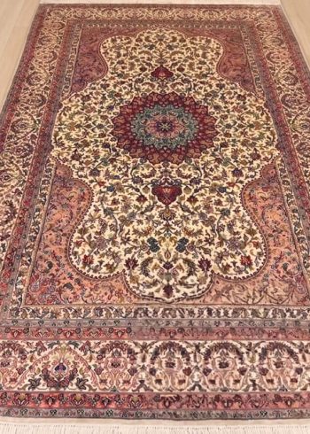Coffee Cream Tabriz handmade Indian silk rug with a cream silk pile and floral design