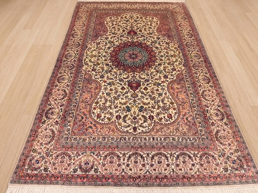 Coffee Cream Tabriz handmade Indian silk rug with a cream silk pile and floral design