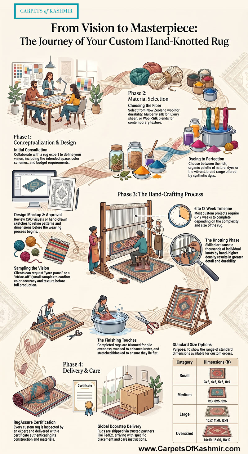 Infographic by Carpets of Kashmir titled 'From Vision to Masterpiece' detailing the 4-phase journey of a custom hand-knotted rug.