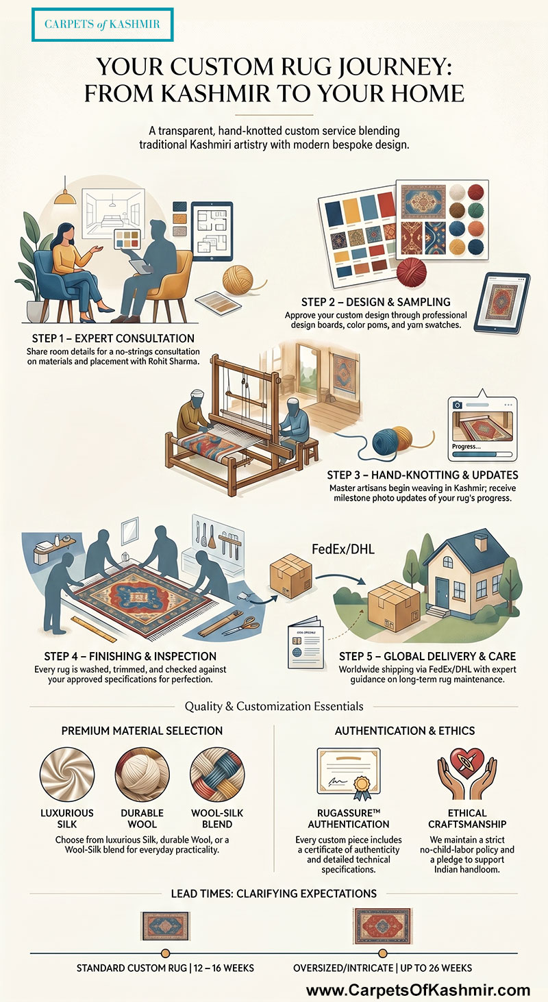 Infographic titled 'Your Custom Rug Journey: From Kashmir to Your Home' detailing a 5-step bespoke rug creation process