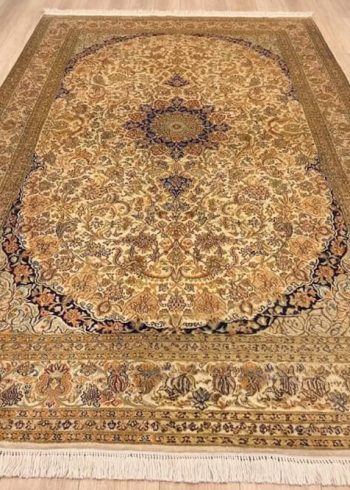 Ecru Star Kashan Kashmiri silk carpet handmade in India with a floral Persian star design.