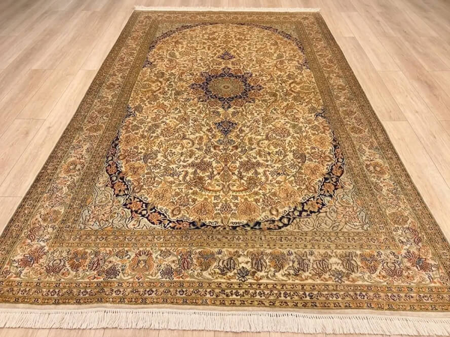 Ecru Star Kashan Kashmiri silk carpet handmade in India with a floral Persian star design.