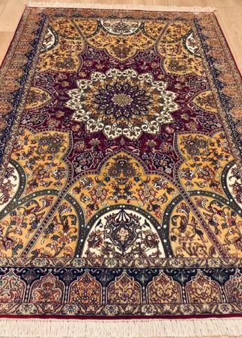 Maroon Oak Bakhshaish Kashmiri silk rug handmade in India with cream background.