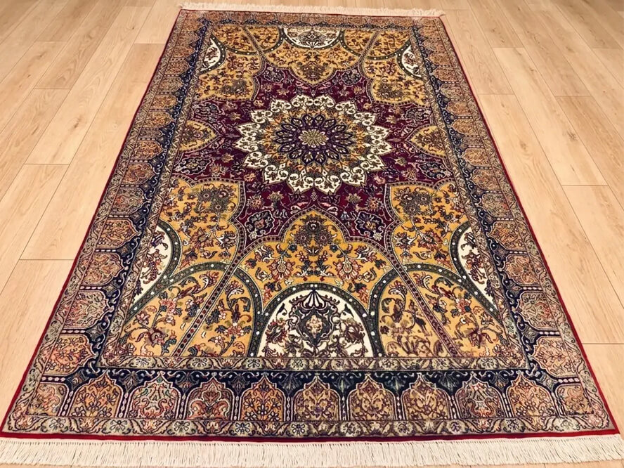 Maroon Oak Bakhshaish Kashmiri silk rug handmade in India with cream background.