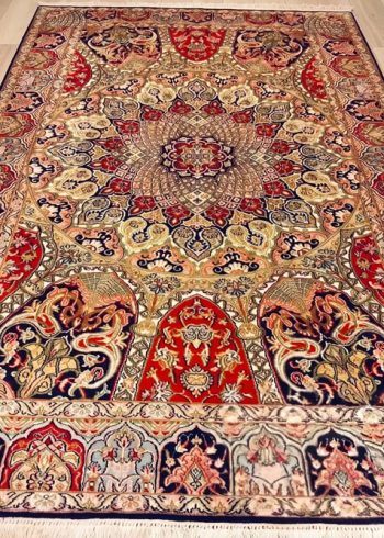 Multi-color Bakhshaish Kashmiri hand-knotted rug with a blue silk pile handmade in India.