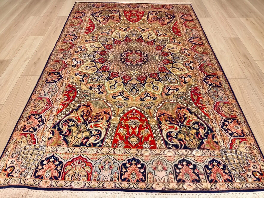 Multi-color Bakhshaish Kashmiri hand-knotted rug with a blue silk pile handmade in India.