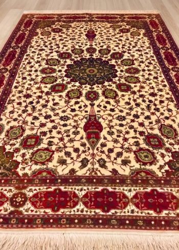 Papyrus Ardabil handmade silk rug from India with beige background and Persian lineage