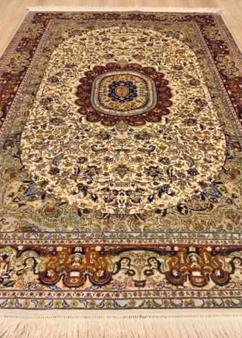 Pearled Ivory Aziz Kashan Kashmiri hand-knotted rug with ivory silk pile handmade in India