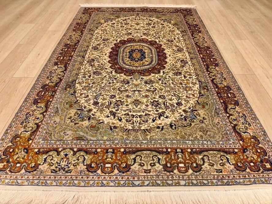 Pearled Ivory Aziz Kashan Kashmiri hand-knotted rug with ivory silk pile handmade in India