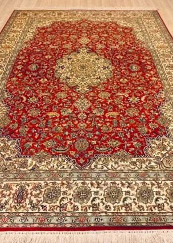 Persian Red Sarouk Kashmiri silk carpet, hand-knotted oriental design handmade in India.