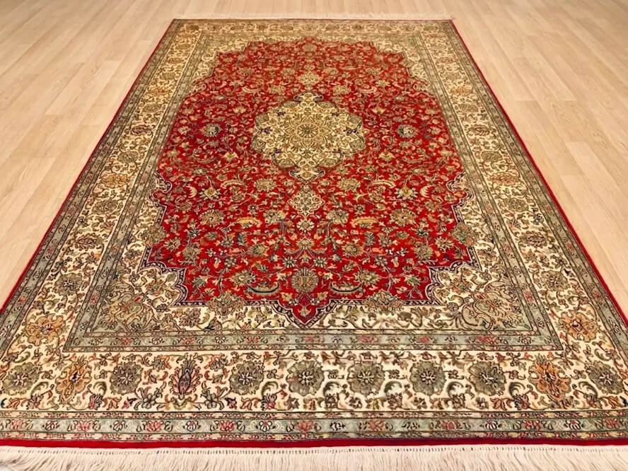 Persian Red Sarouk Kashmiri silk carpet, hand-knotted oriental design handmade in India.