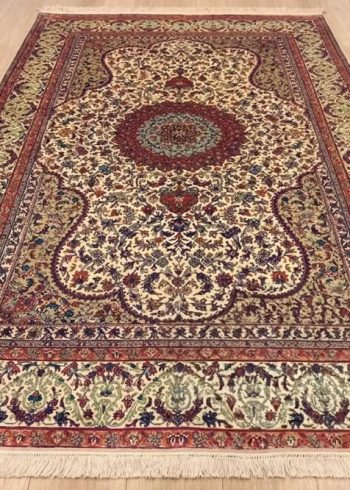 Pristine White Kashmar silk rug handmade in India with oriental lineage and cream background