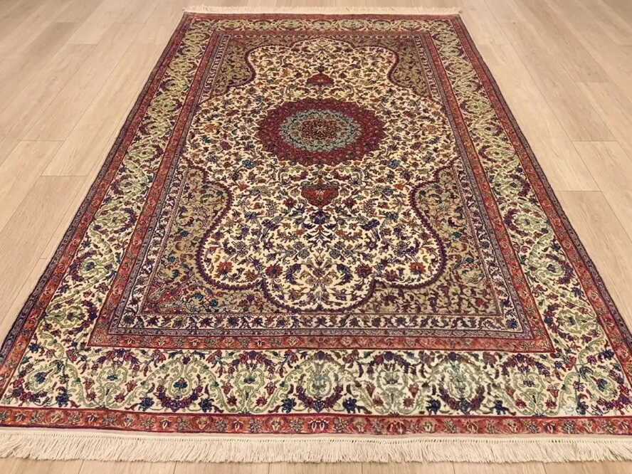 Pristine White Kashmar silk rug handmade in India with oriental lineage and cream background