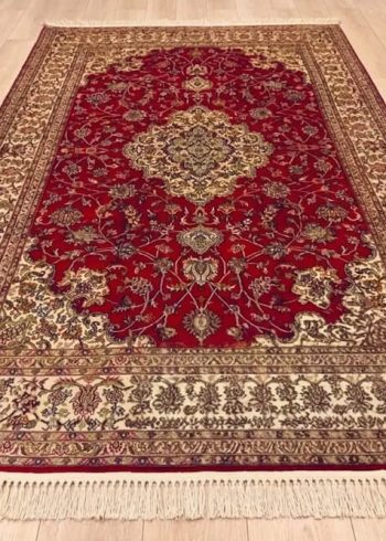 Ruby Red Nain hand-knotted Kashmiri Mulberry silk rug handmade in India featuring a high-density 972,000 knot pile.
