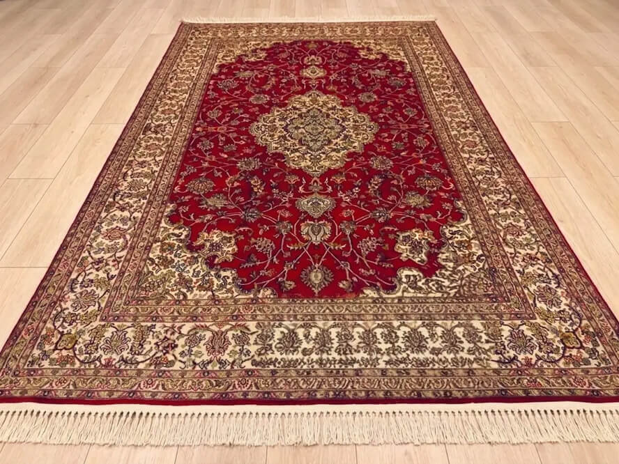 Ruby Red Nain hand-knotted Kashmiri Mulberry silk rug handmade in India featuring a high-density 972,000 knot pile.