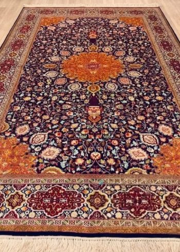 Sapphire Blue Ardabil handknotted Kashmiri rug featuring a high-density blue silk pile handmade in India.
