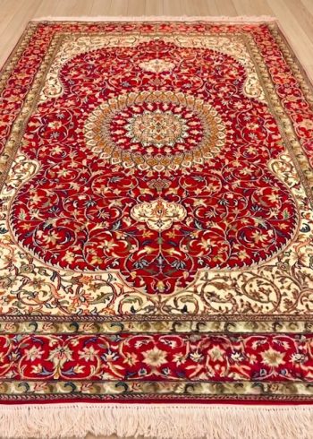 Scarlet Passion Sarouk handmade Indian silk carpet featuring high-knot density and red background.