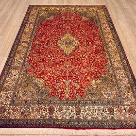 venetian-red-ahar-handmade-silk-carpet-india Venetian Red Ahar handmade silk carpet with a red floral design handmade in Kashmir, India