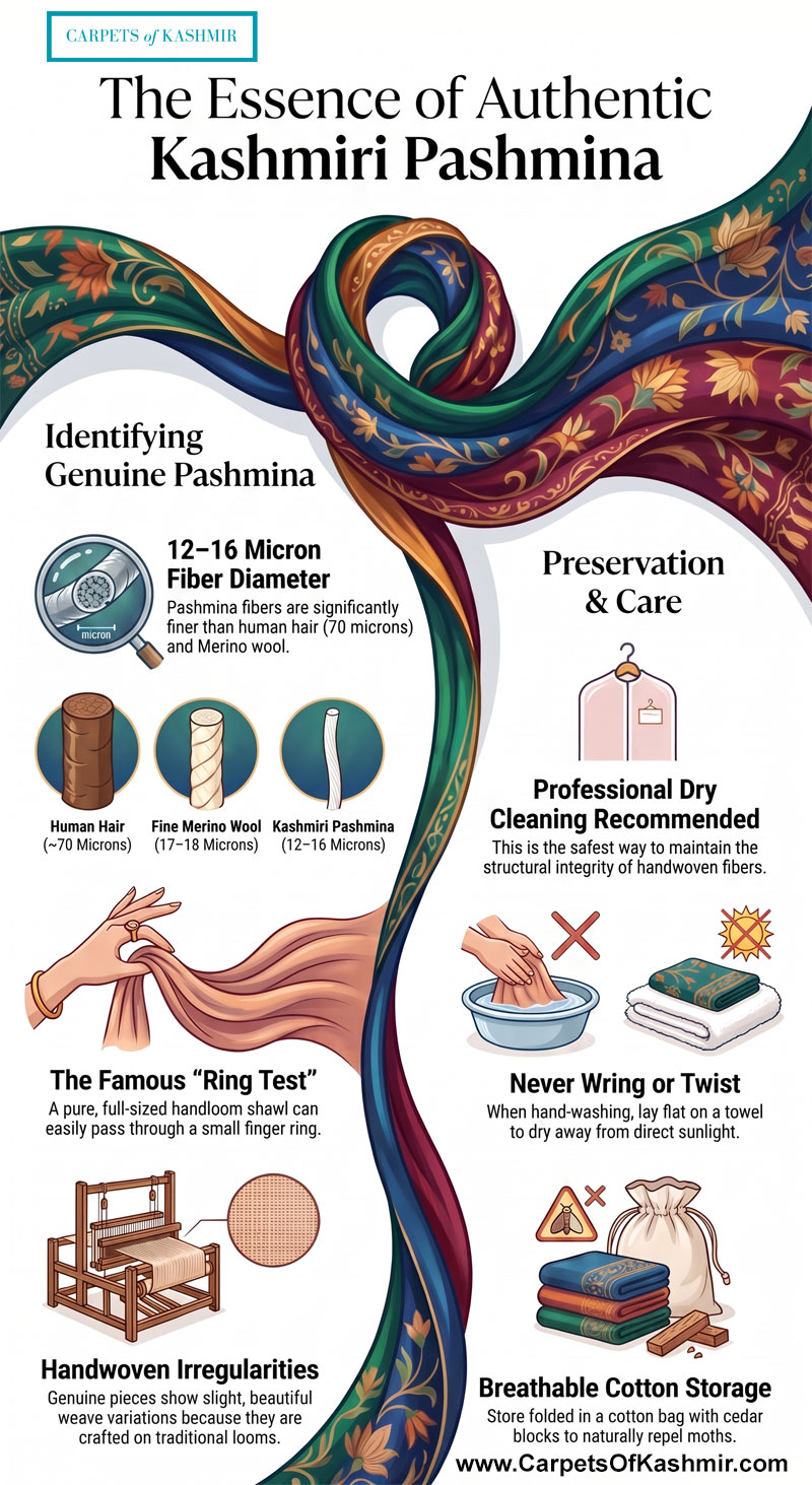 An infographic by Carpets of Kashmir titled "The Essence of Authentic Kashmiri Pashmina," detailing how to identify genuine pashmina via 12-16 micron fiber diameter, the ring test, and handwoven irregularities, along with care tips like professional dry cleaning and breathable cotton storage