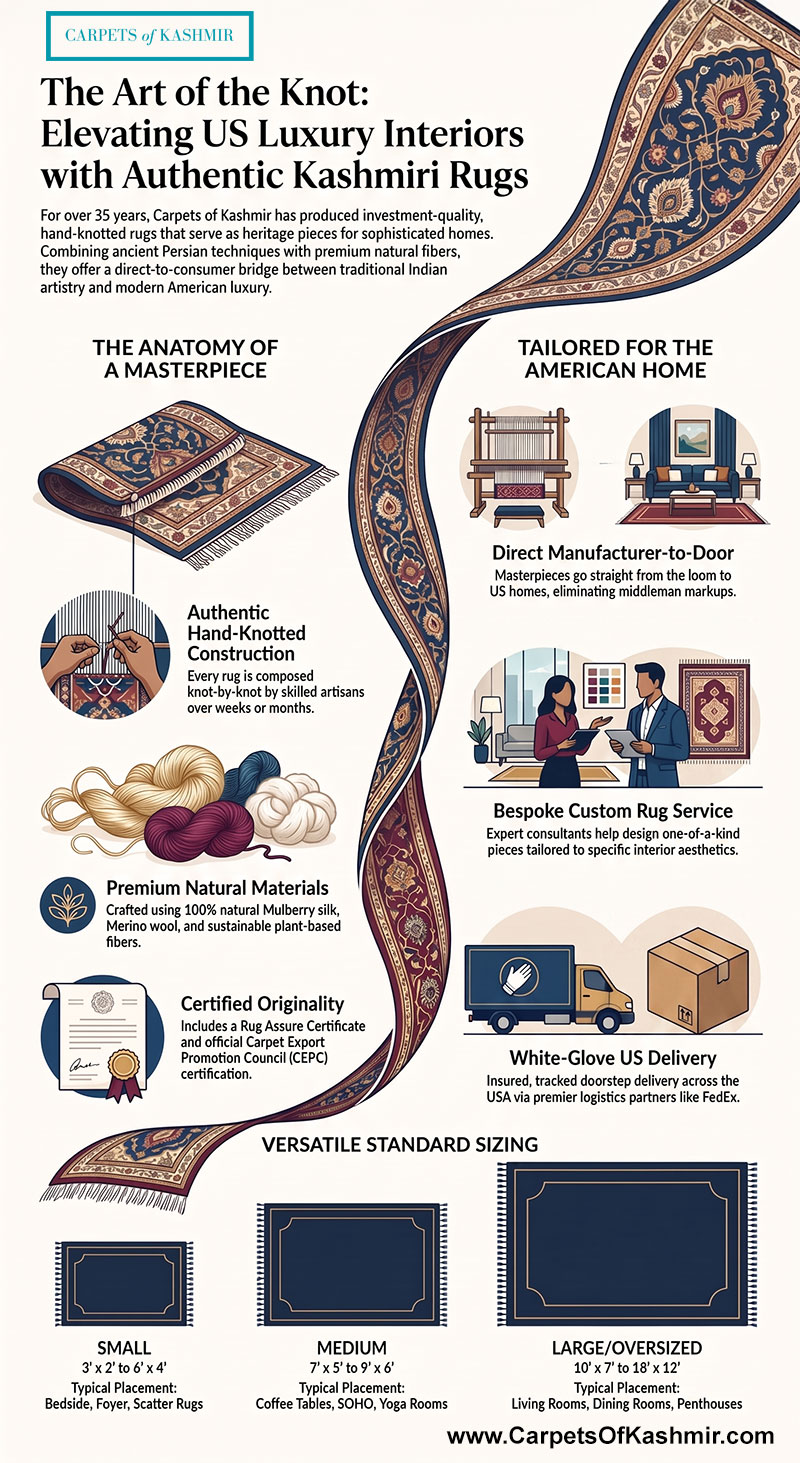 The complete guide to a hand-knotted Kashmiri silk rug in a luxury Manhattan penthouse interior