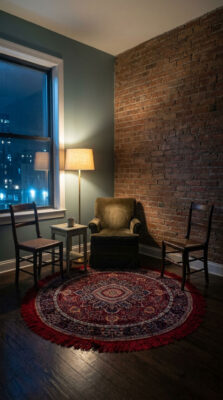 A deep maroon rug from Kashmir with fringe placed in a cozy reading corner featuring an exposed brick wall, velvet armchair, and warm lamp lighting