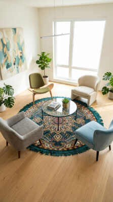 A vibrant teal circular carpet from Kashmir styled in a bright, modern living room with a glass coffee table and multi-colored accent chairs.