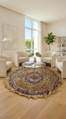 Hand-knotted ocher and gold floral rug with fringe placed in a neutral-toned minimalist lounge with boucle chairs and natural greenery.