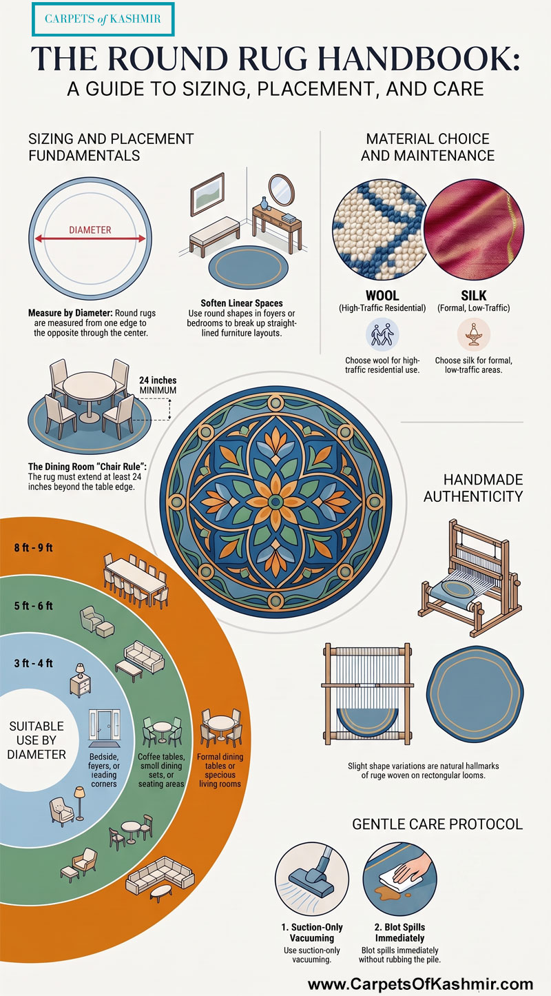 A comprehensive infographic titled "The Round Rug Handbook" by Carpets of Kashmir. It details sizing and placement fundamentals, including the 24-inch chair rule for dining rooms, material comparisons between wool and silk, a diameter suitability guide ranging from 3ft to 9ft, and a gentle care protocol for handmade carpets.