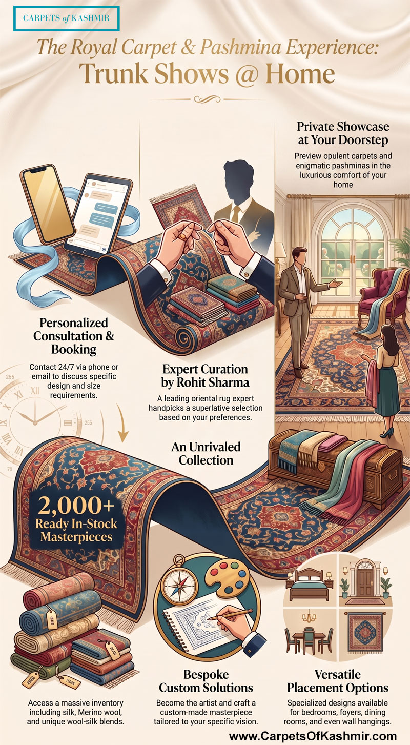 Infographic for the 'Trunk Shows @ Home' service by Carpets of Kashmir, detailing the luxury home-shopping experience for oriental carpets and pashminas. It highlights personalized consultation, expert curation by Rohit Sharma, bespoke custom rug solutions, and a collection of 2,000+ ready-in-stock masterpieces.