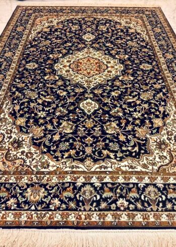 Hand-knotted Kashmiri pure silk rug in Astral Blue Sarouk pattern with elegant Blue highlights. 6x4 feet, 972,000 knots.