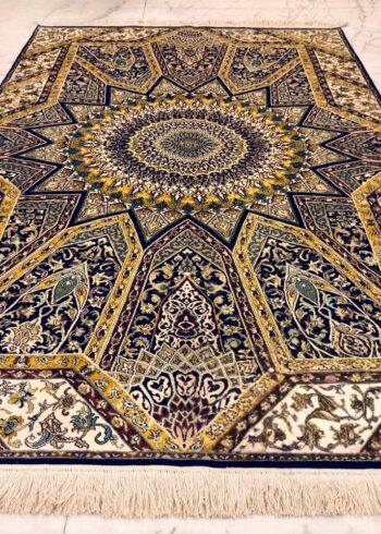 Hand-knotted Kashmiri pure silk rug in Blueberry Bakhshaish pattern with elegant Ivory highlights. 6x4 feet, 972,000 knots.