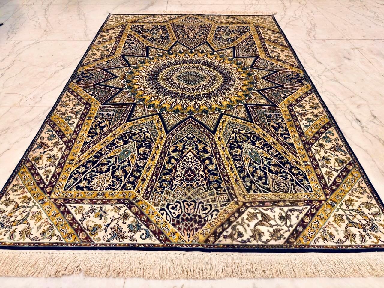 Hand-knotted Kashmiri pure silk rug in Blueberry Bakhshaish pattern with elegant Ivory highlights. 6x4 feet, 972,000 knots.