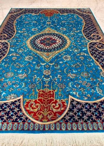 Hand-knotted Kashmiri pure silk rug in Capri Blue Dachigam pattern with elegant Blue highlights. 6x4 feet, 972,000 knots.